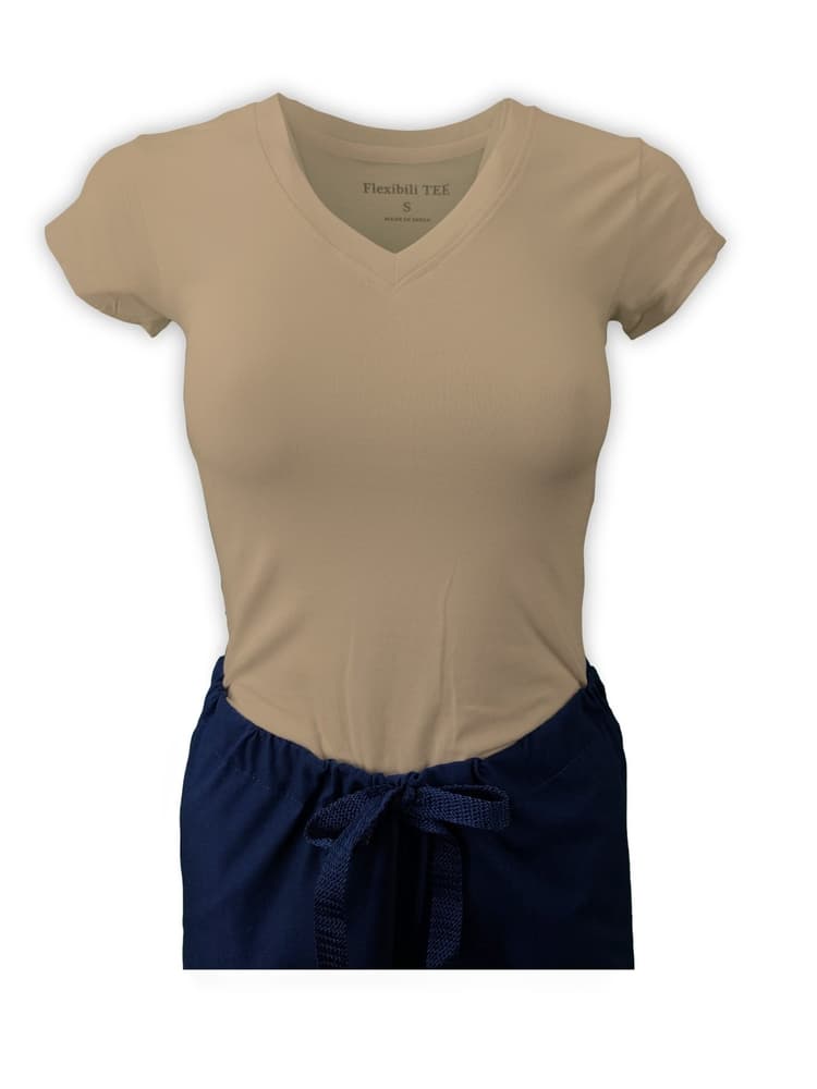 Mannequin wearing Flexibilitee women's Junior Cut V-Neck Short Sleeve Tee in khaki size 3X