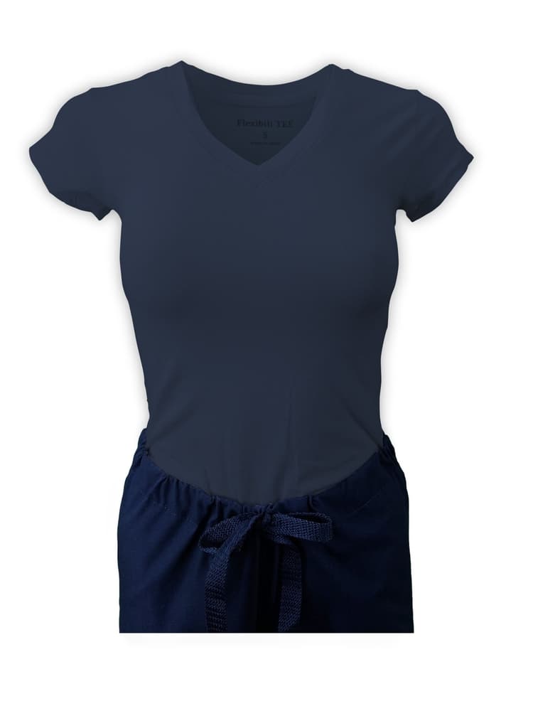 Mannequin wearing Flexibilitee women's Junior Cut V-Neck Short Sleeve Tee in navy size small