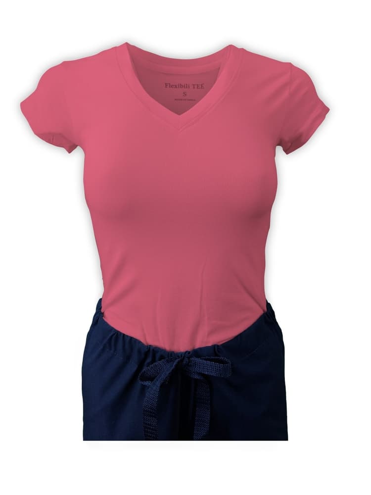 Mannequin wearing Flexibilitee women's Junior Cut V-Neck Short Sleeve Tee in pink lemonade size extra large