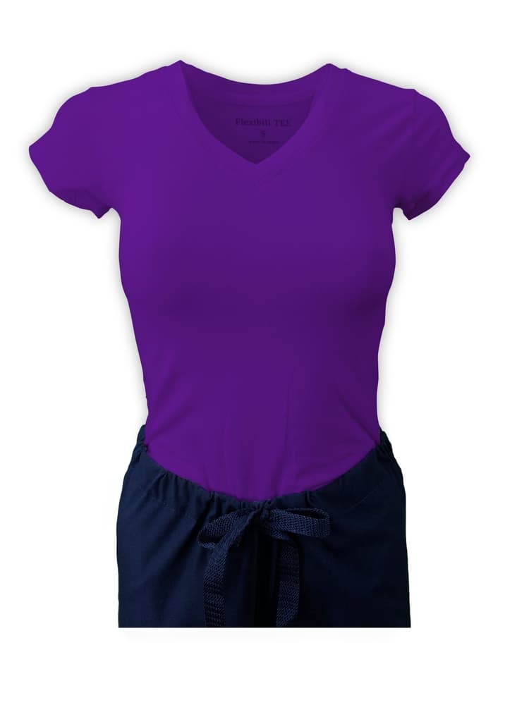 Mannequin wearing Flexibilitee women's Junior Cut V-Neck Short Sleeve Tee in purple size 2X