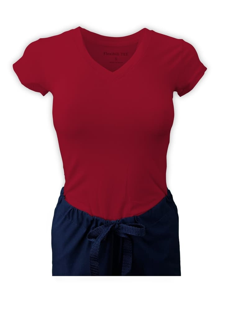 Mannequin wearing Flexibilitee women's Junior Cut V-Neck Short Sleeve Tee in red size 3X