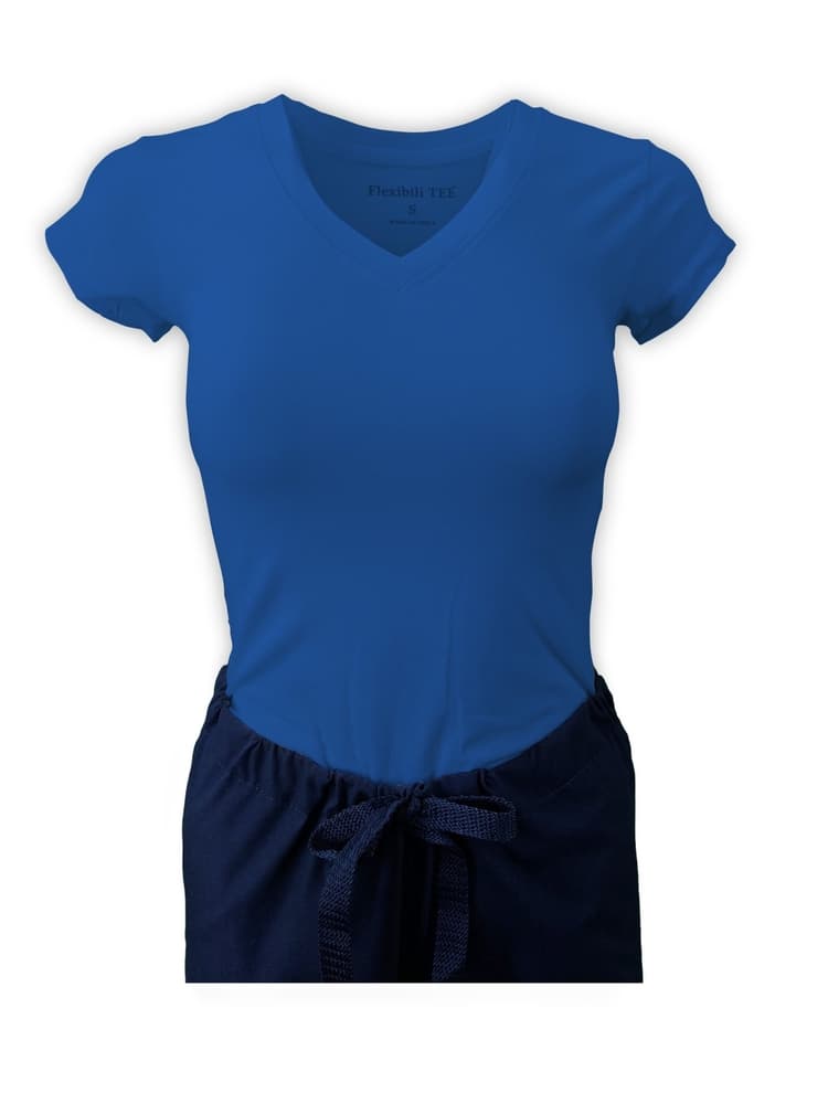 A Royal Blue Flexibilitee Women's V-Neck Short SLeeve T-Shirt featuring a junior fit on a solid, white background.