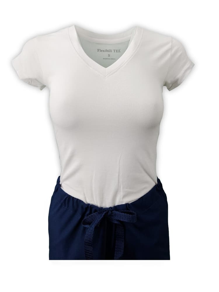 Mannequin wearing Flexibilitee women's Junior Cut V-Neck Short Sleeve Tee in white size small