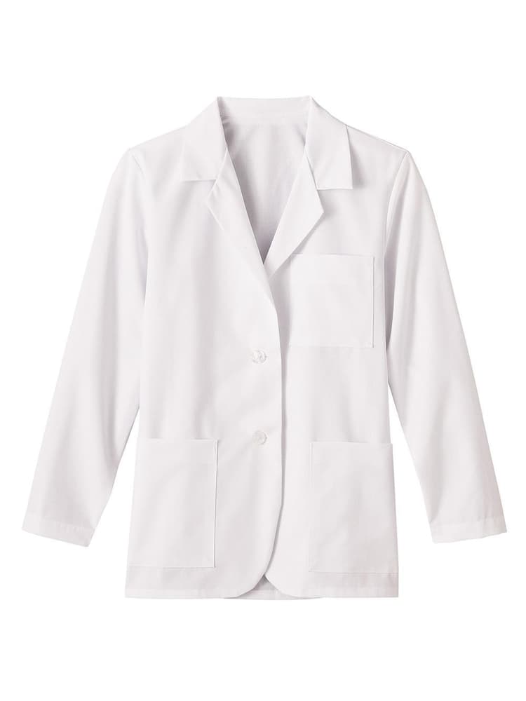 A frontward facing image of the Fundamentals Women's Consultation 28" Lab Coat in White size Medium featuring a notched collar, 3 pockets & center back length of 28".