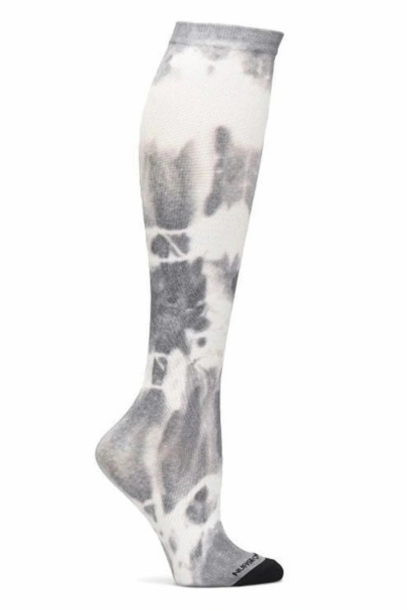 A look at the NurseMates Women's 360° Compression Socks in Grey Cloud featuring a unique tie-dye themed design in shades of grey and white.