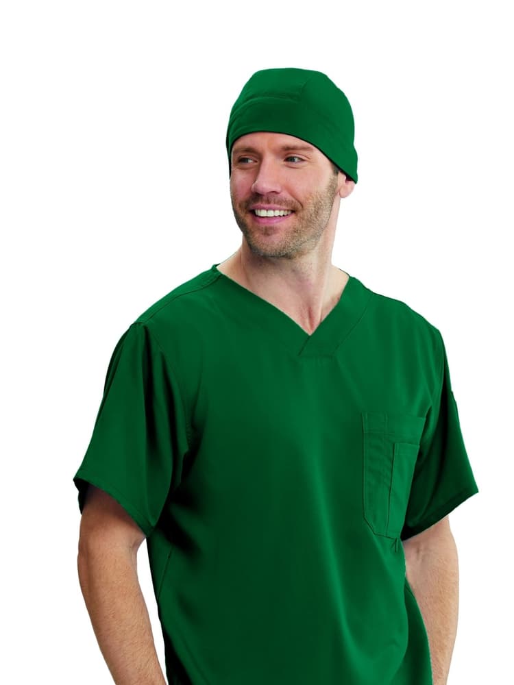 A male Cardiologist wearing a Grey's Anatomy Unisex fitted Scrub Cap in Hunter Green featuring an adjustable back to ensure  a comfortable & professional look and feel.