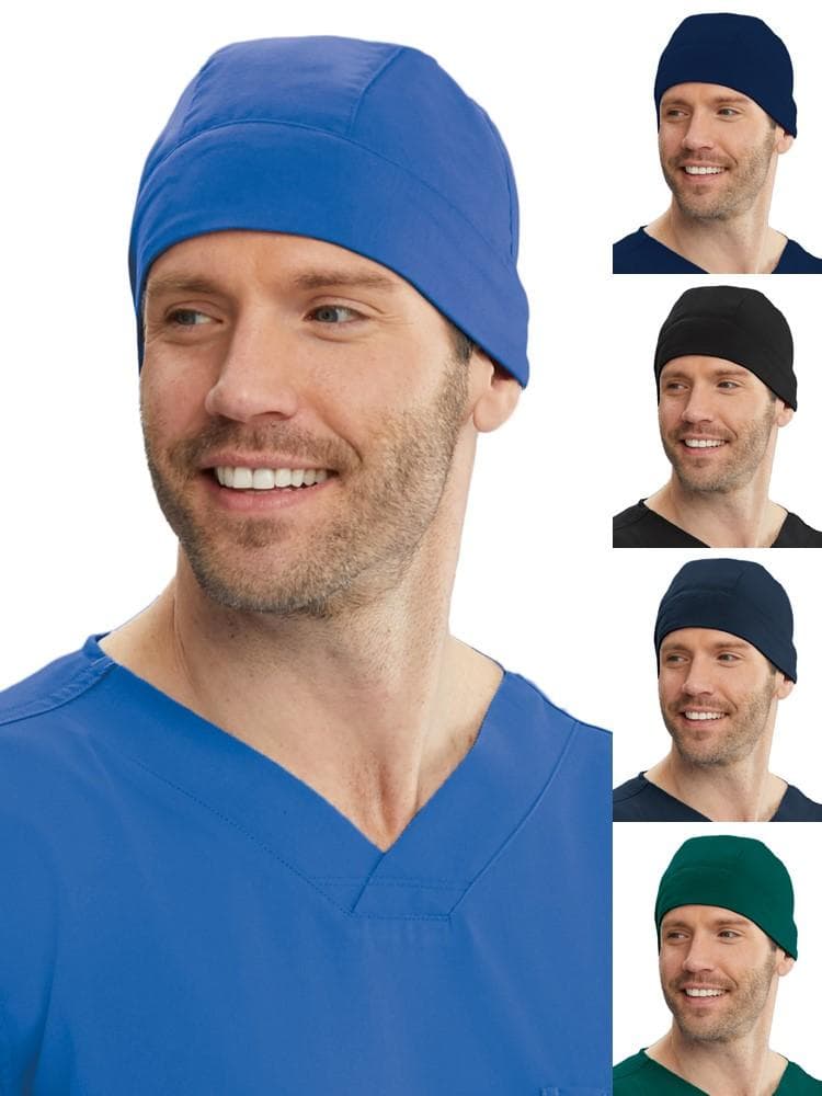 A group shot of he Grey's Anatomy Unisex Fitted Scrub Cap in Royal, Indigo, Black, Steel & Hunter Green.