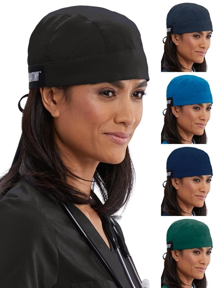 A group shot of a female nurse wearing the Grey's Anatomy Unisex Scrub Cap with Ties in Black, Indigo, Hunter Green, Royal Blue & Steel Grey.