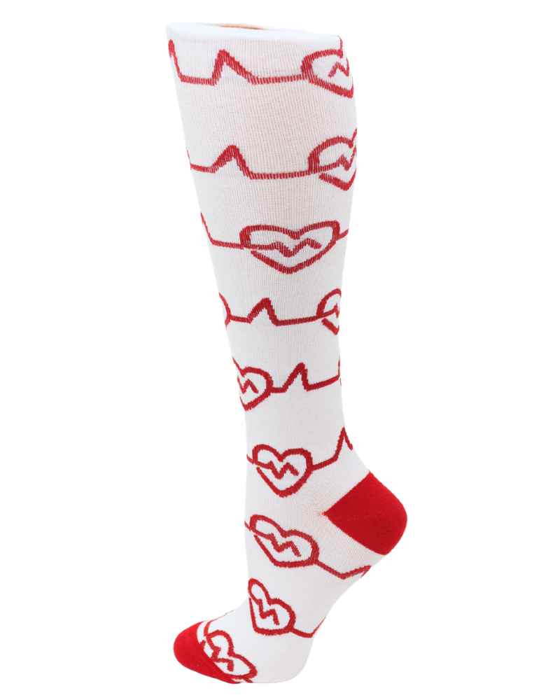 An image of the Pro-Motion Women's Compression Socks in the EKG Hearts Print featuring 8-15 mmHg of compression.