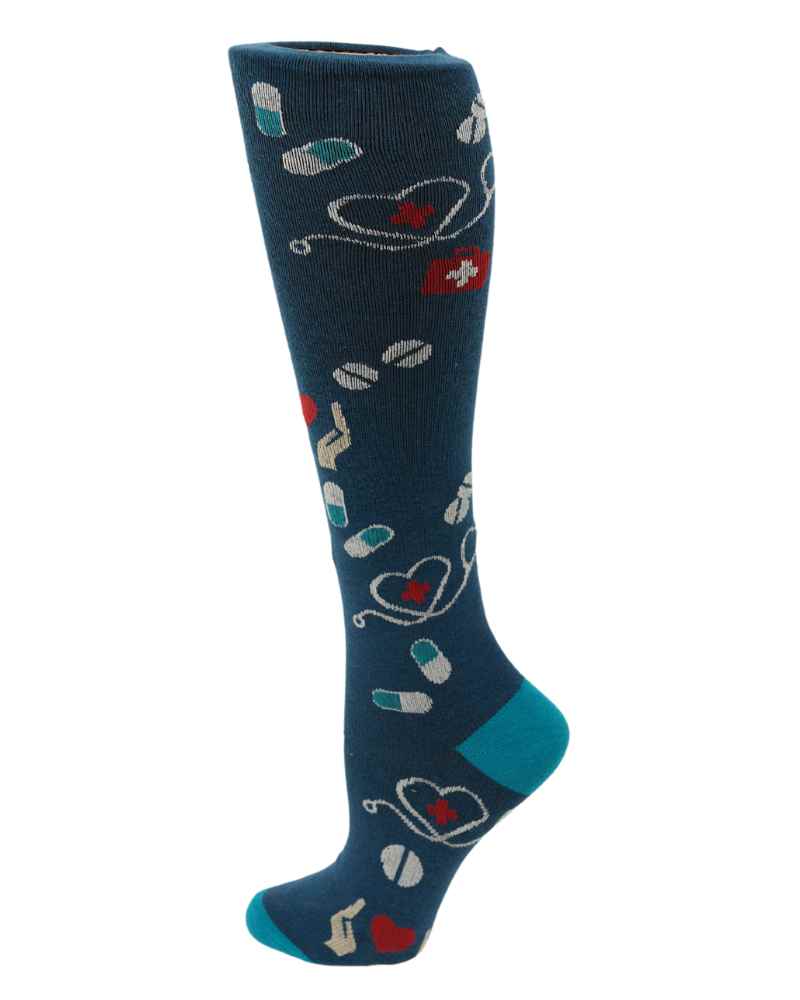 An image of the Pro-Motion Women's Compression Socks in the Navy Medical Symbols Print featuring 8-15 mmHg of compression.