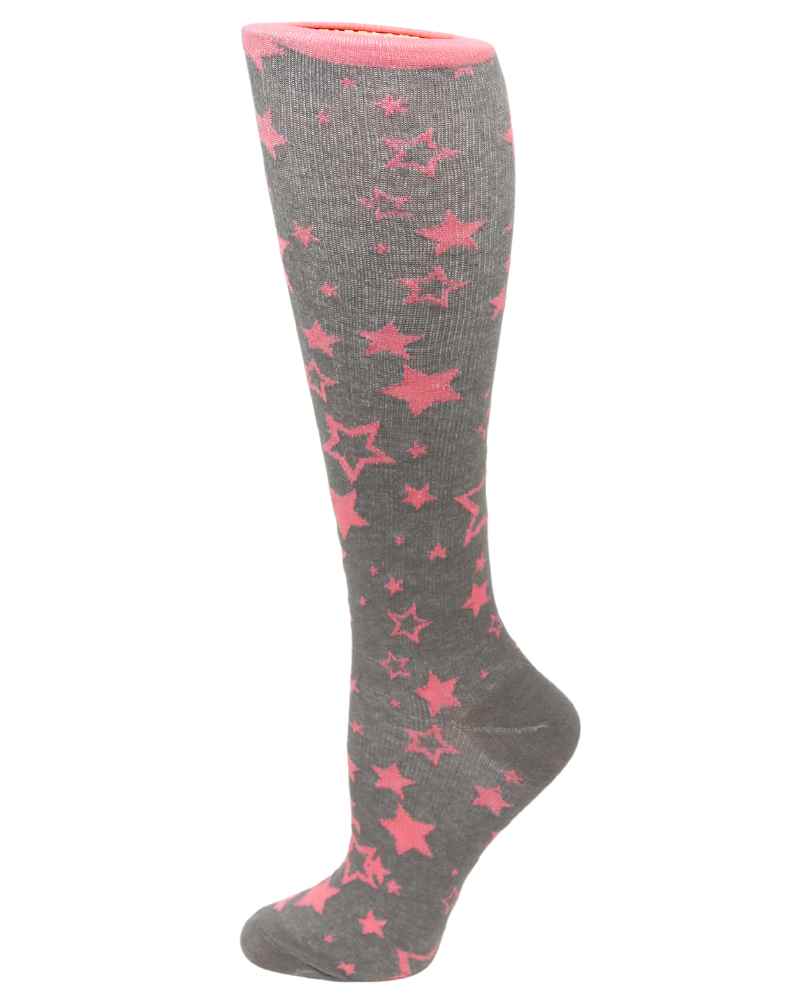 An image of the Pro-Motion Women's Compression Socks in the Grey & Pink Stars Print featuring 8-15 mmHg of compression.