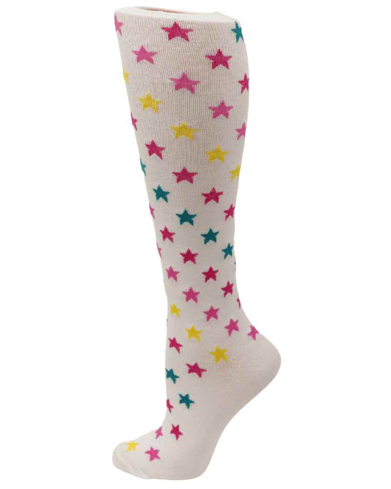 An image of the Pro-Motion Women's Compression Socks in the White Bright Stars Print featuring 8-15 mmHg of compression.