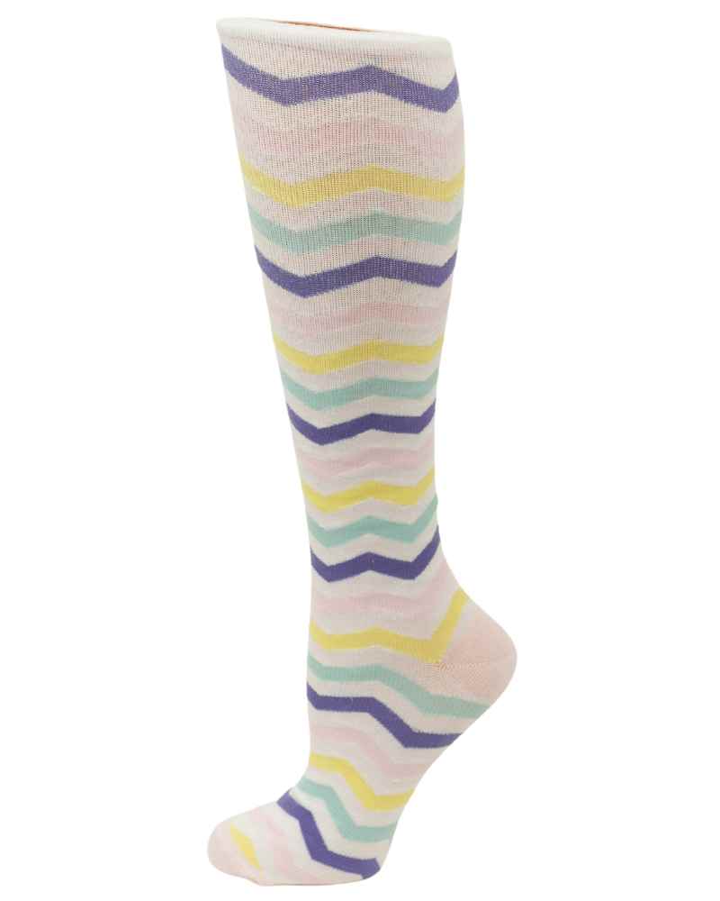 An image of the Pro-Motion Women's Compression Socks in the Pastel Zig Zag Stripes Print featuring 8-15 mmHg of compression.