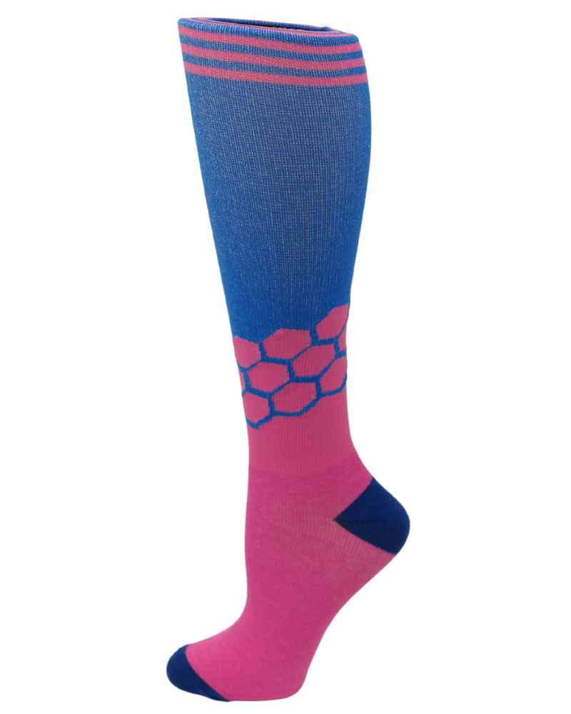 An image of the Pro-Motion Women's Compression Socks in the Navy Pink Honeycomb Print featuring 8-15 mmHg of compression.