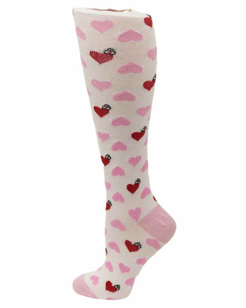 An image of the Pro-Motion Women's Compression Socks in the Hearts with Nurse's Caps Print featuring 8-15 mmHg of compression.