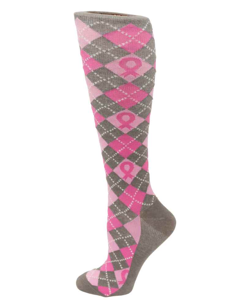 An image of the Pro-Motion Women's Compression Socks in the Pink Ribbon Print featuring 8-15 mmHg of compression.