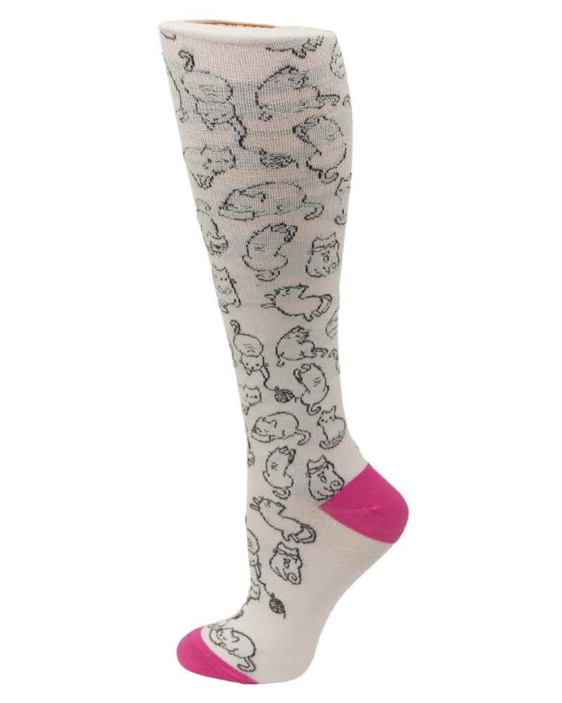 An image of the Pro-Motion Women's Compression Socks in the Cat Print featuring 8-15 mmHg of compression.