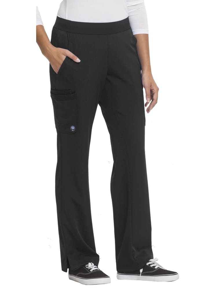 The HH-Works Women's Straight Leg Yoga Scrub Pant in black featuring ankle vents and two front patch pockets.