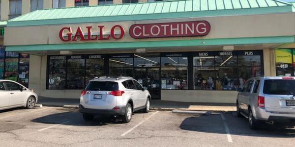 The Gallo Clothing (Scrub Pro Uniforms) storefront at Langley Park Plaza in Langley Park, Maryland.