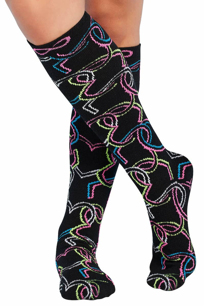 The front of the Infinity Women's Kickstart Compression Socks in Links of Love  featuring a cute multi-colored design of interlinking hearts.