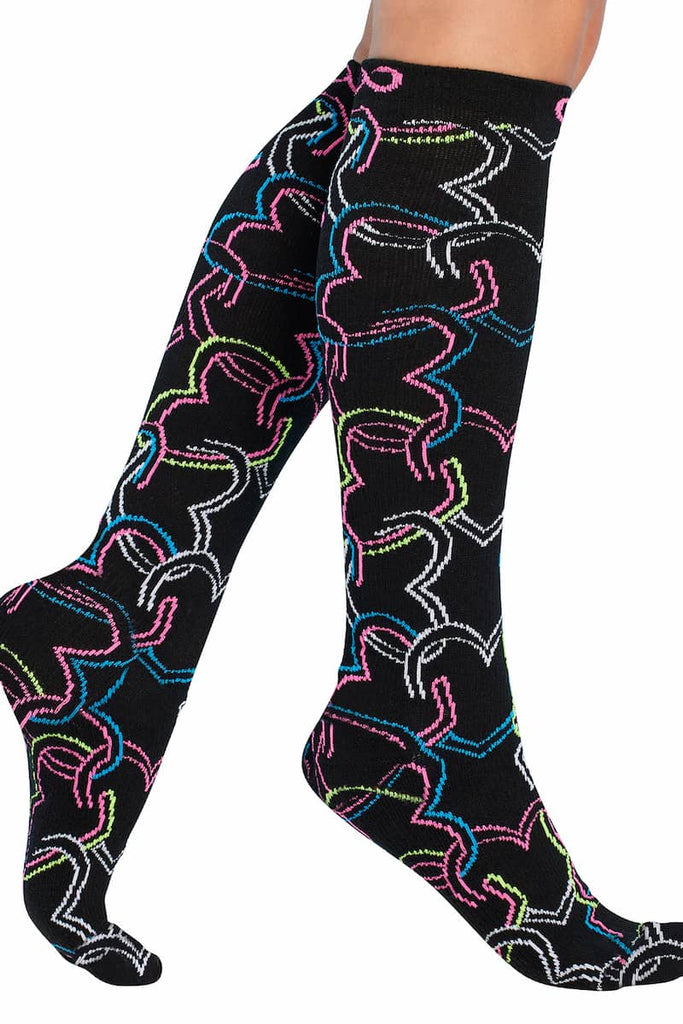 The side of the Infinity Women's Kickstart Compression Socks in Links of Love featuring 15-20 mmHg of compression to help reduce fatigue and swelling.