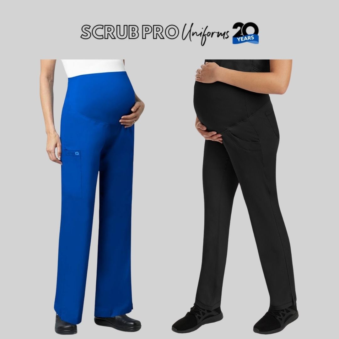 Maternity scrub pants from Scrub Pro Uniforms on a light grey background.