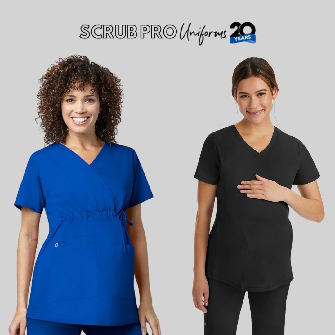 Two young female nurses showcasing some of Scrub Pro's collection of Maternity Scrub Tops.