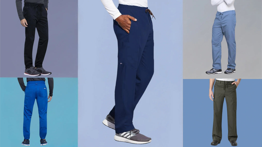 A collection of male healthcare professionals showcasing Scrub Pro's selection of solid scrub pants on a multi-colored background.