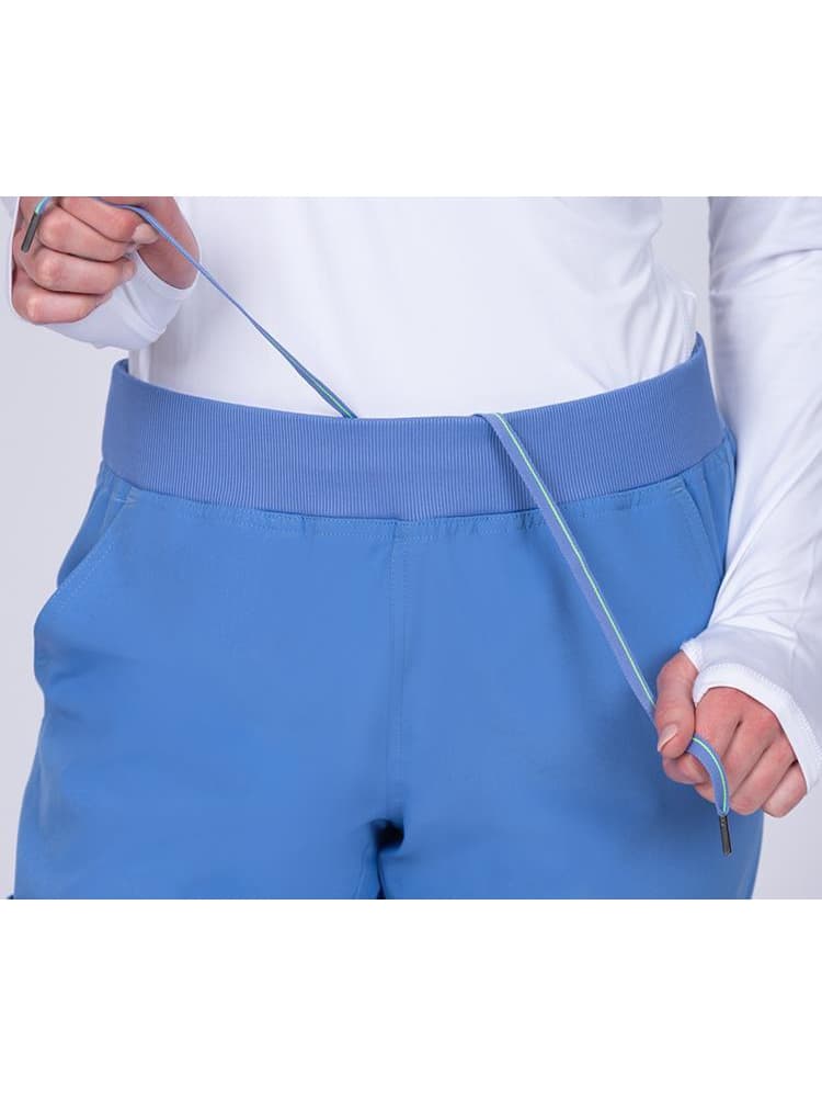 Meraki Sport Women's Jogger Scrub Pant in ceil featuring a drawstring & an elastic rib knit waistband