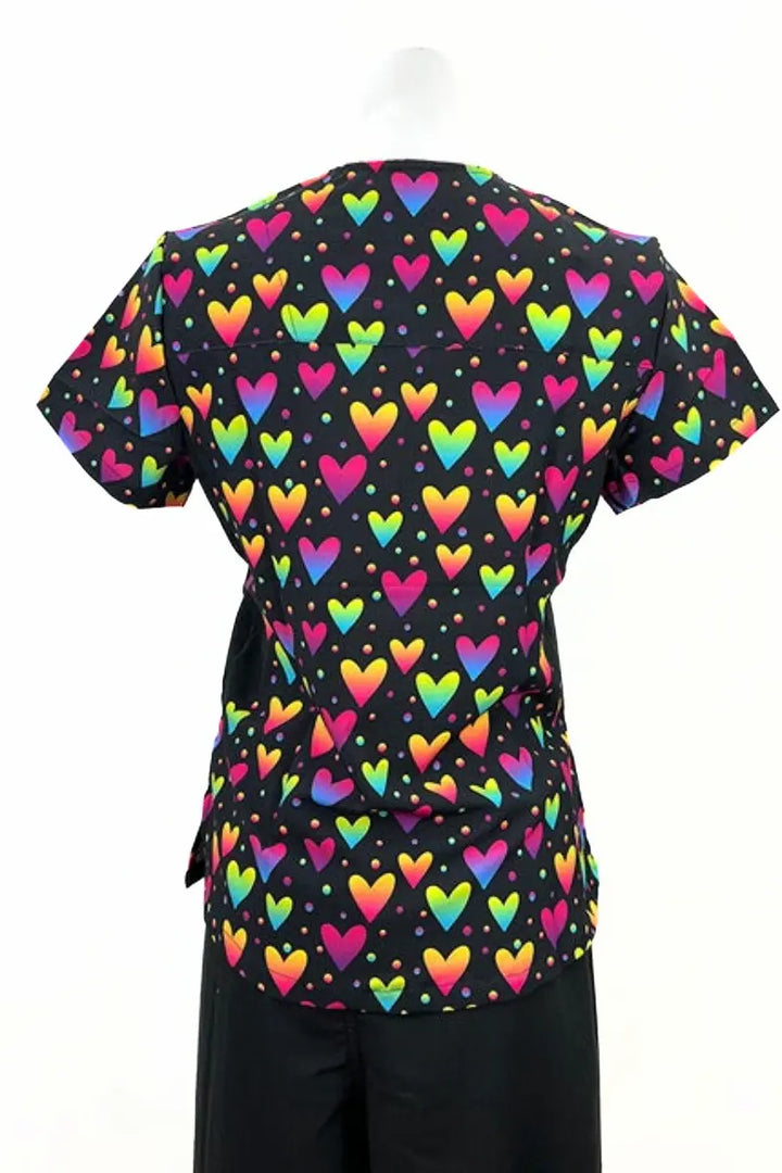 An image of the back of the Revel Women's mock wrap Scrub Top in size Large featuring side stretch panels & side slits to provide unmatched comfort & additional mobility throughout the day.