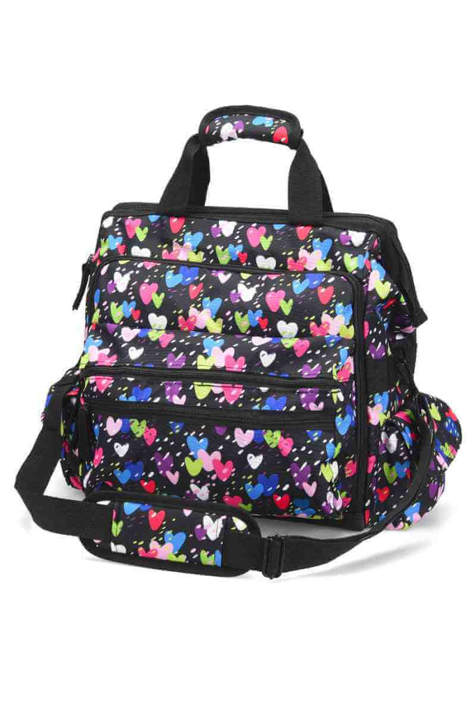 A frontward facing image of the Ultimate Medical Bag from NurseMates in "Raining Hearts" featuring a hardwearing shoulder strap with heavy duty zippers & multiple compartments for maximum storage room.