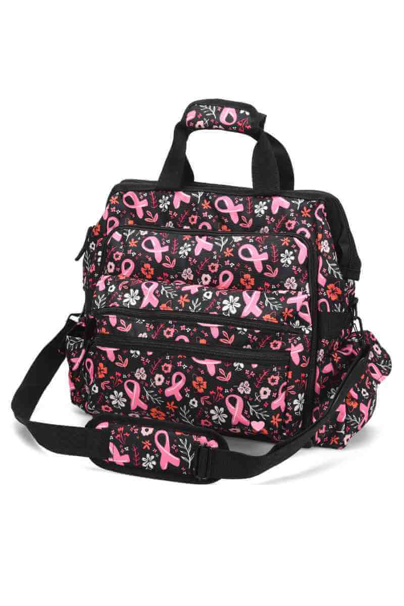 A frontward facing image of the Ultimate Medical Bag from NurseMates in "Pink Ribbon Garden" featuring a hardwearing shoulder strap with heavy duty zippers & multiple compartments for maximum storage room.