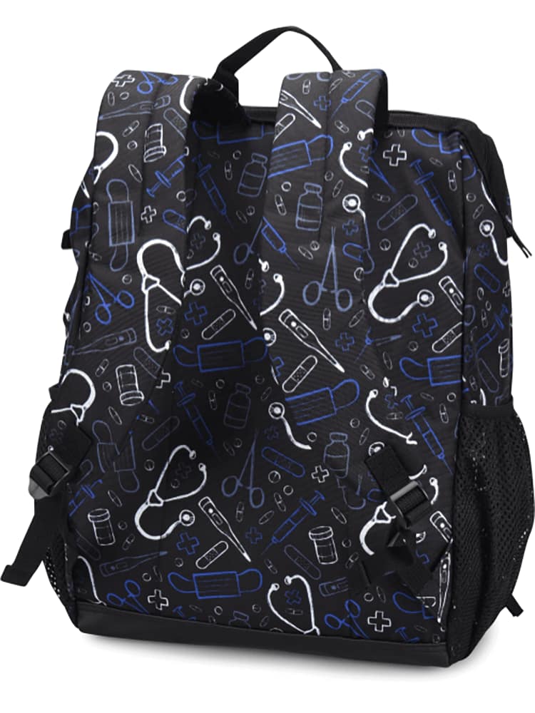 The Nursemates Ultimate Backpack in "Black Medical Symbols" featuring adjustable back straps for a comfortable all day wear.