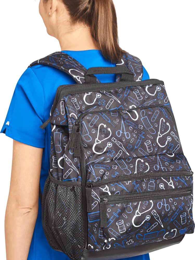 The Nursemates Ultimate Backpack in "Black Medical Symbols" featuring 2 additional zippered compartments.