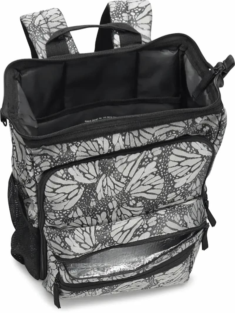 A top down image of the NurseMates Ultimate Backpack in "Jacquard Butterfly" featuring a large hinged mouth for easy access to the spacious interior.