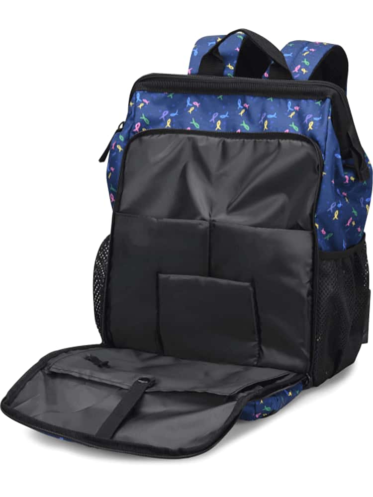 A Nursemates Ultimate Backpack in "Ribbons & Hearts" featuring a durable canvas construction.