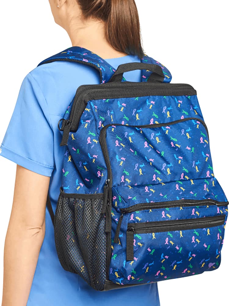 The Nursemates Ultimate Backpack in "Ribbons & Hearts" featuring 2 additional zippered compartments.