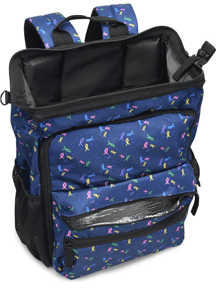 The Nursemates Ultimate Backpack in "Ribbons & Hearts" featuring an insulated front zipper pocket.