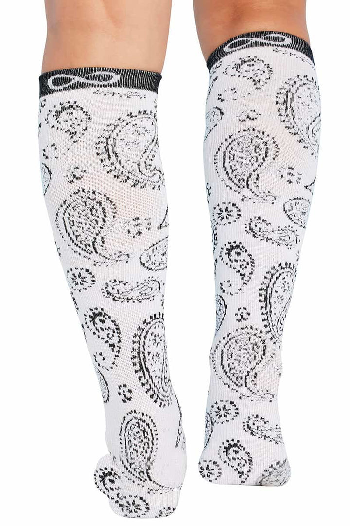 The back of the Infintiy Women's Kickstart Compression Socks in Paisley Passion featuring 15-20 mmHg to reduce fatigue and improve circulation.