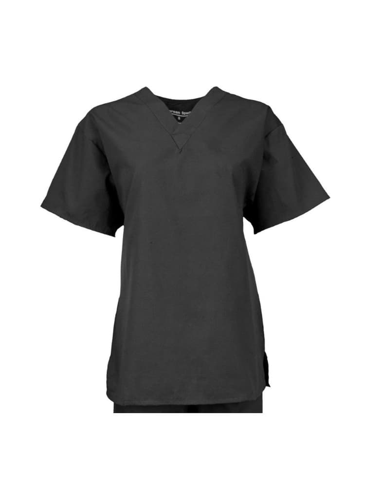 A Pocketless Unisex V-Neck Scrub Top in Black size XL featuring short sleeves and side vents.
