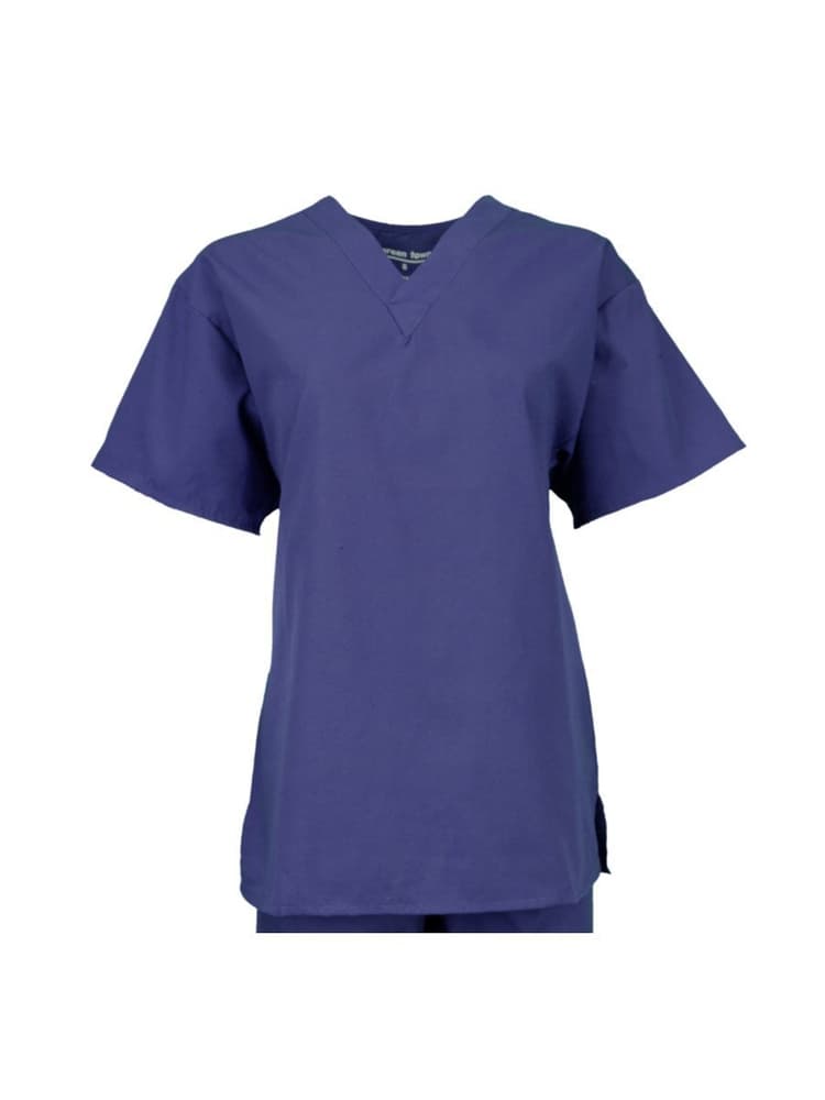 A Mannequin wearing a Pocketless unisex V-Neck Scrub Top in navy size extra large on a solid white background.