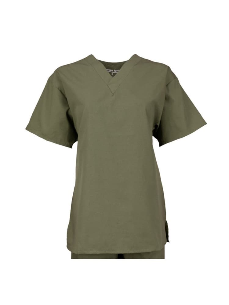 A Mannequin wearing a Pocketless unisex V-Neck Scrub Top in olive size 3X featuring short sleeves on a plain white background.