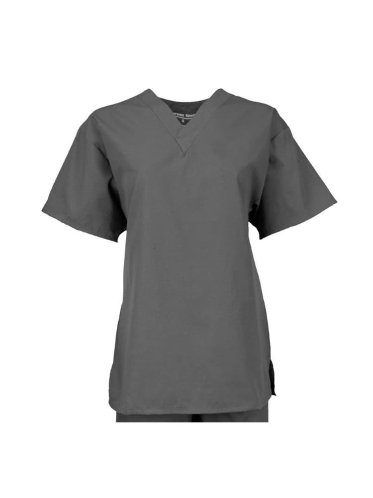 A Mannequin wearing a Pocketless unisex V-Neck Scrub Top in Pewter size large featuring side slits on a solid white background.