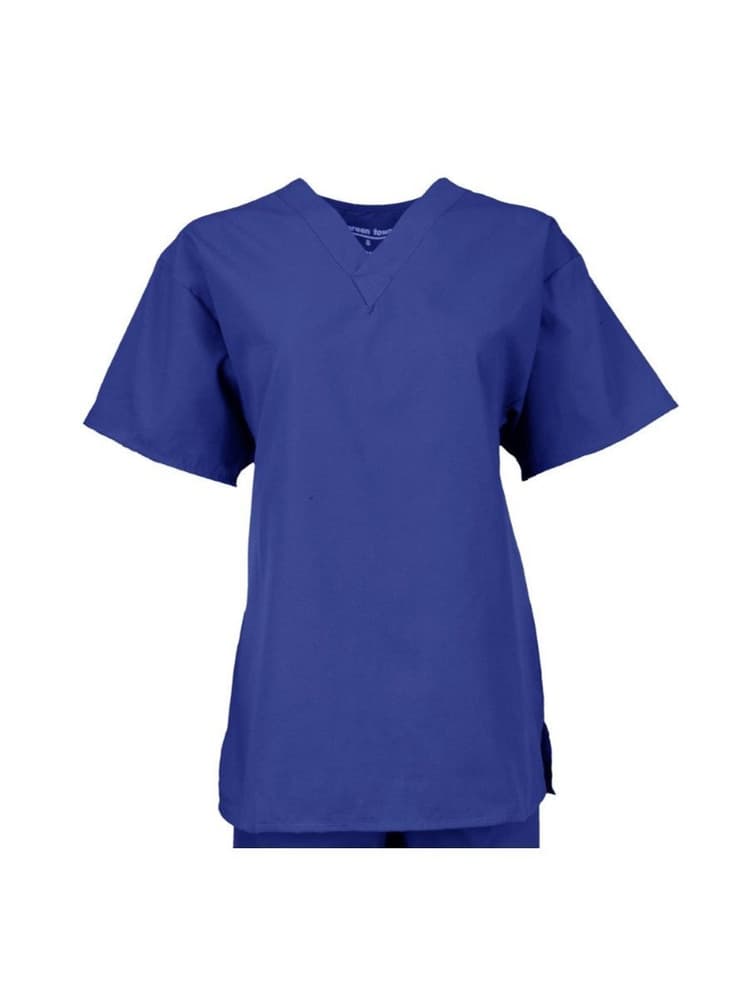 Mannequin wearing a Pocketless unisex V-Neck Scrub Top in royal size large on a solid white background.