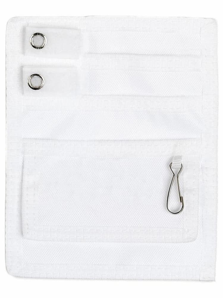 A frontward facing image of the Prestige Medical 5 Pocket Organizer Kit in White featuring a key chain clip & matching color tabs to secure instruments.