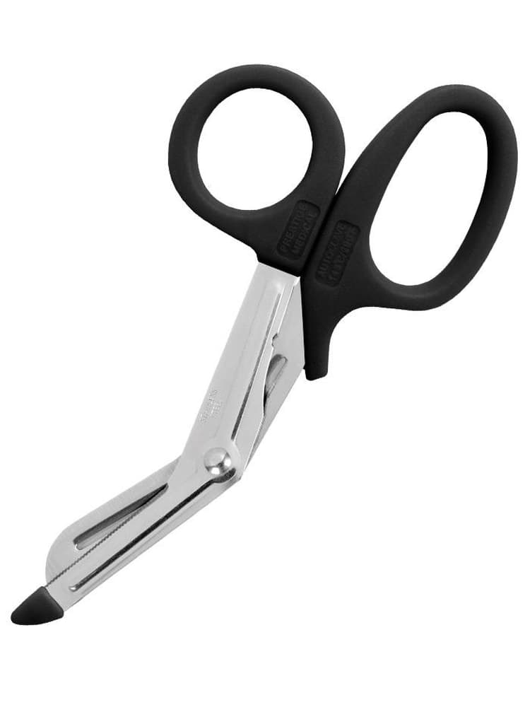 Prestige Medical 5.5" Nurse Utility Scissors in black featuring blades with milled shear serrations on a plain white background.