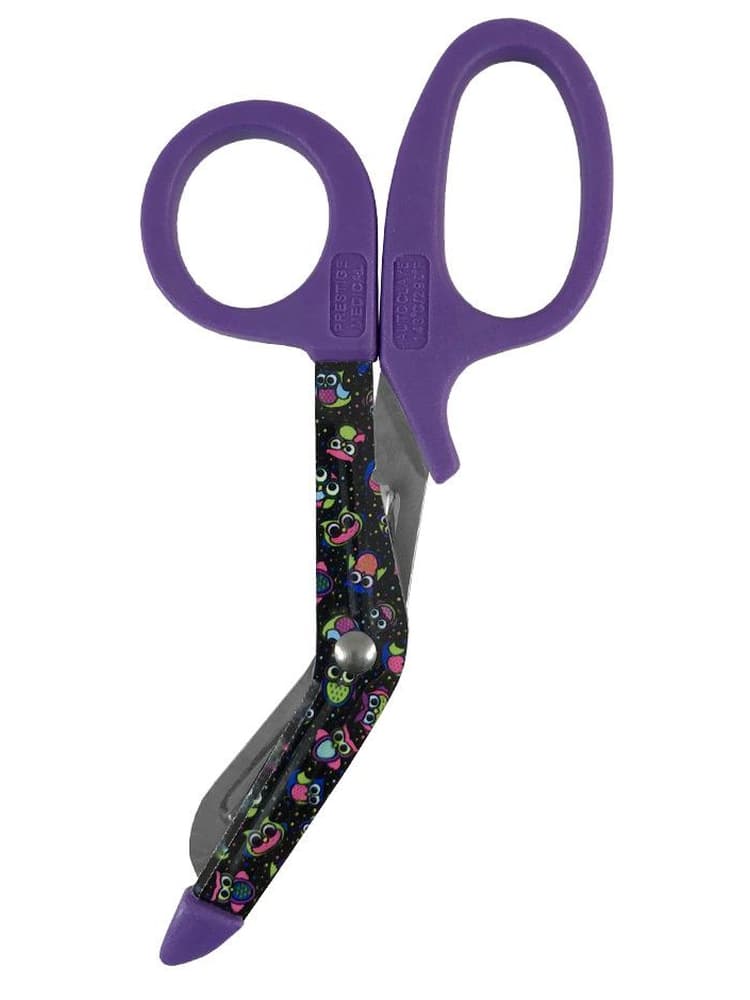 The Prestige Medical 5.5" Stylemate Utility Scissors in party owls black with purple handles.