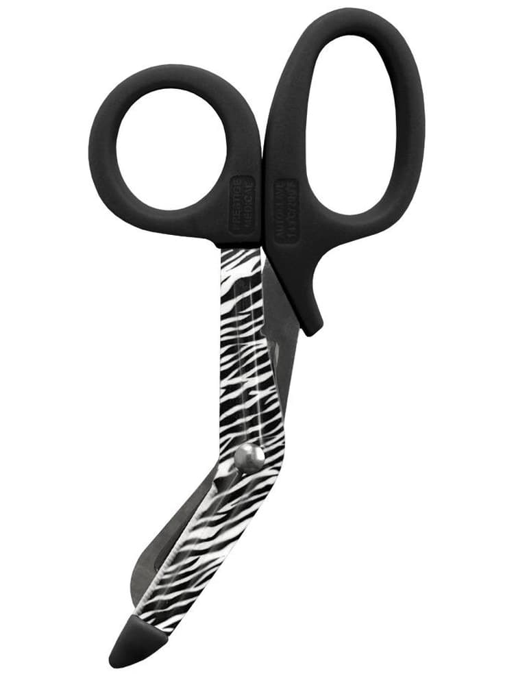 Prestige Medical 5.5" Stylemate Utility Scissors in zebra print on a solid white background.