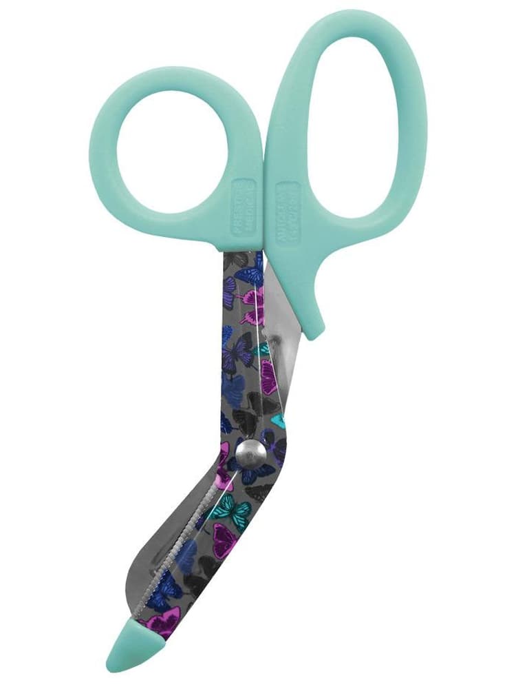 Prestige Medical 5.5" Stylemate Utility Scissors in butterflies grey print on a solid white background.