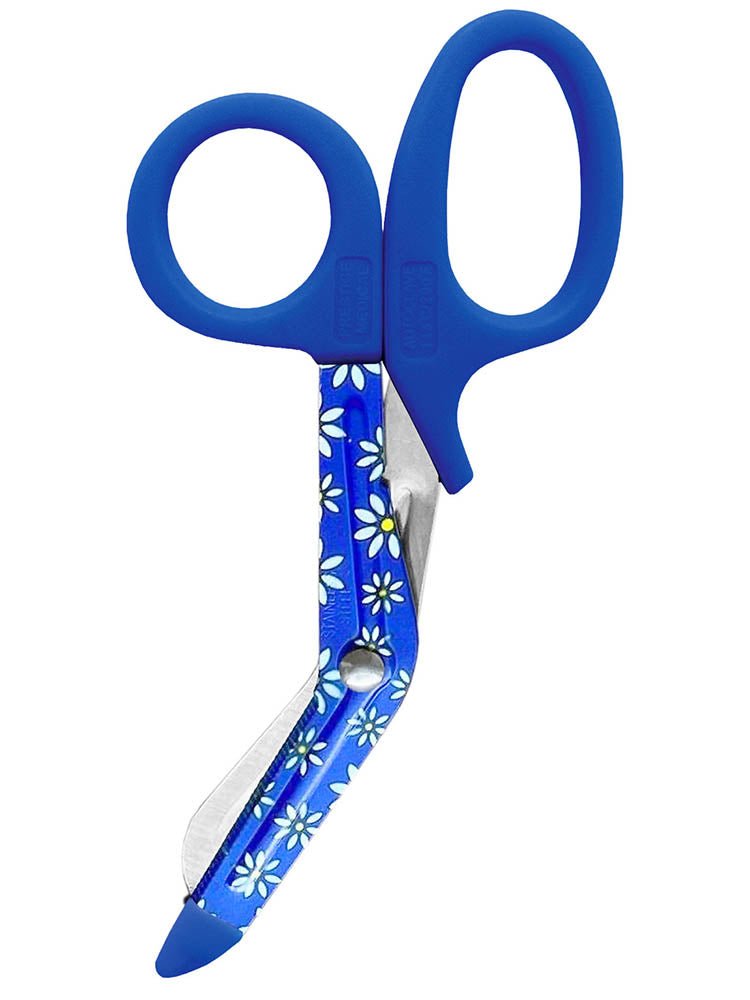 Prestige Medical 5.5" Stylemate Utility Scissors in "Daisies Royal" print on a plain white background.
